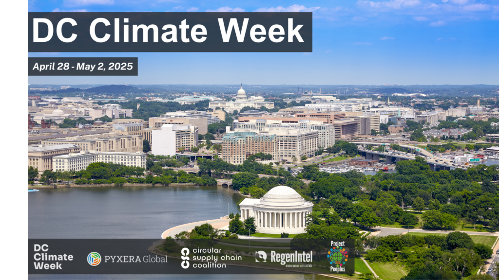 Aerial photo of downtown DC with the logos of Pyxera Global's partners at DC Climate Week.