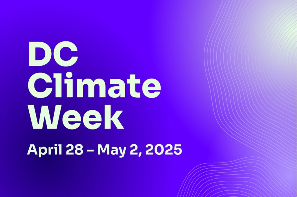 Blue Background with DC Climate Week written along with the dates April 28 - May 2, 2025.